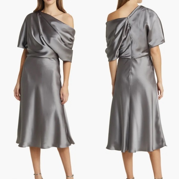 Amsale Dresses & Skirts - NWOT Amsale The Slouch Draped Satin One-Shoulder Midi Dress sz 2